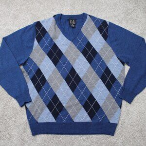 Jos. A. Bank Sweater Mens Medium Blue Argyle 100% Merino Wool V-Neck Pullover